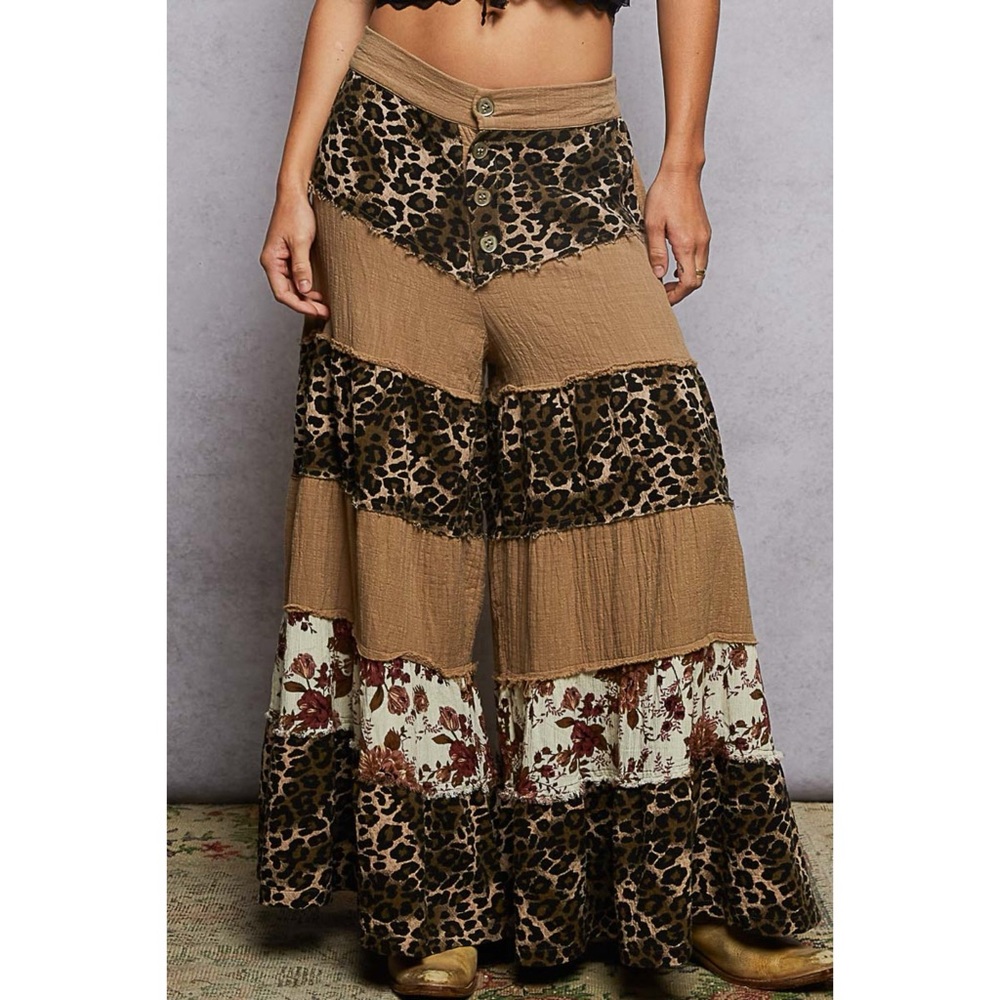 POL Tan Leopard Patchwork Wide Leg Pants | Floral Tiered Bell Bottoms